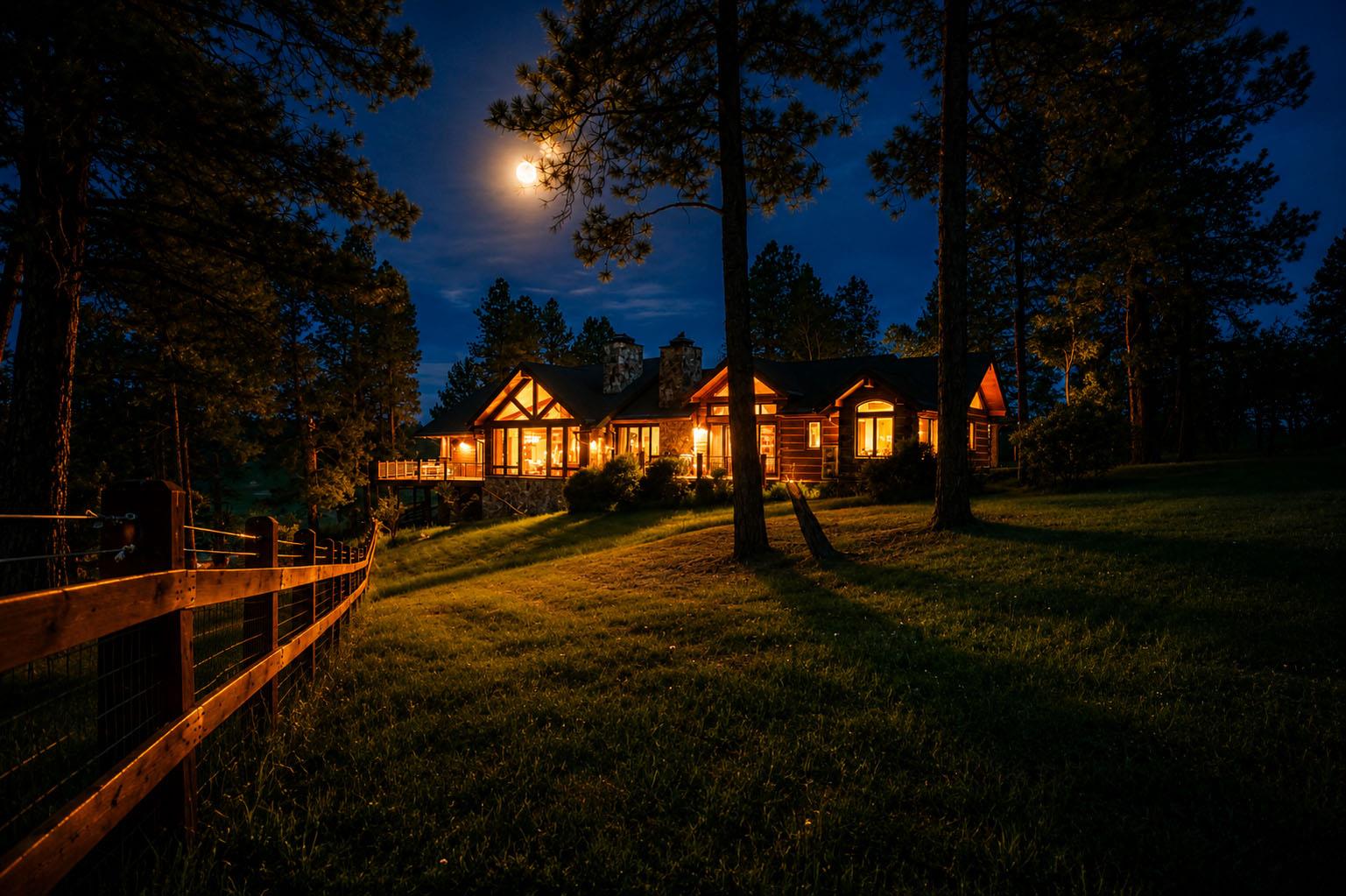 Main house rear elevation in the evening
