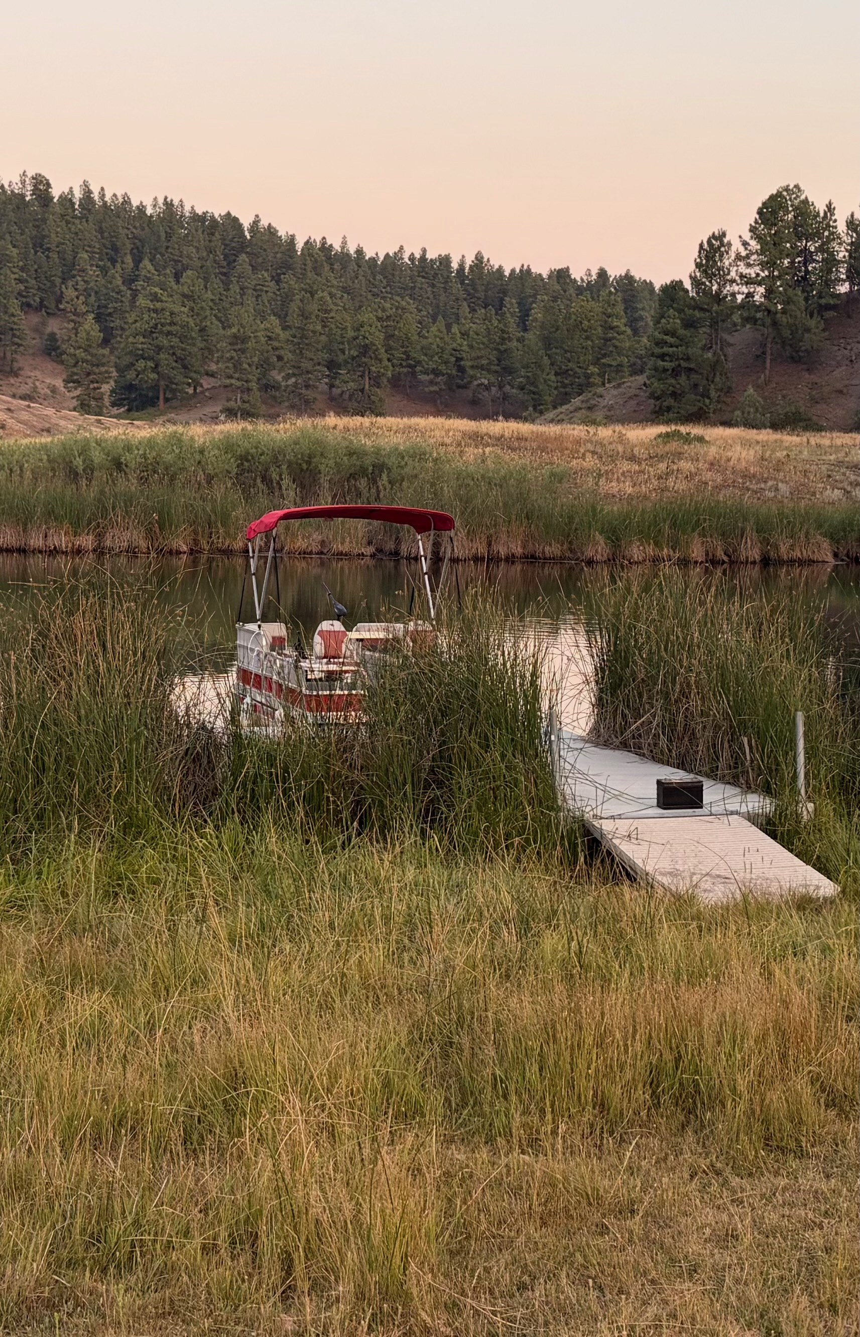 The private dock and pontoon boat on the lake