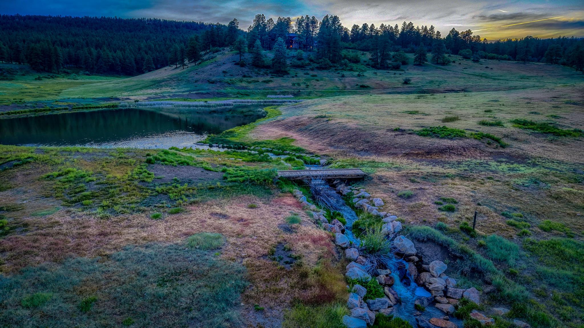 The inlet stream and bridge below the homes