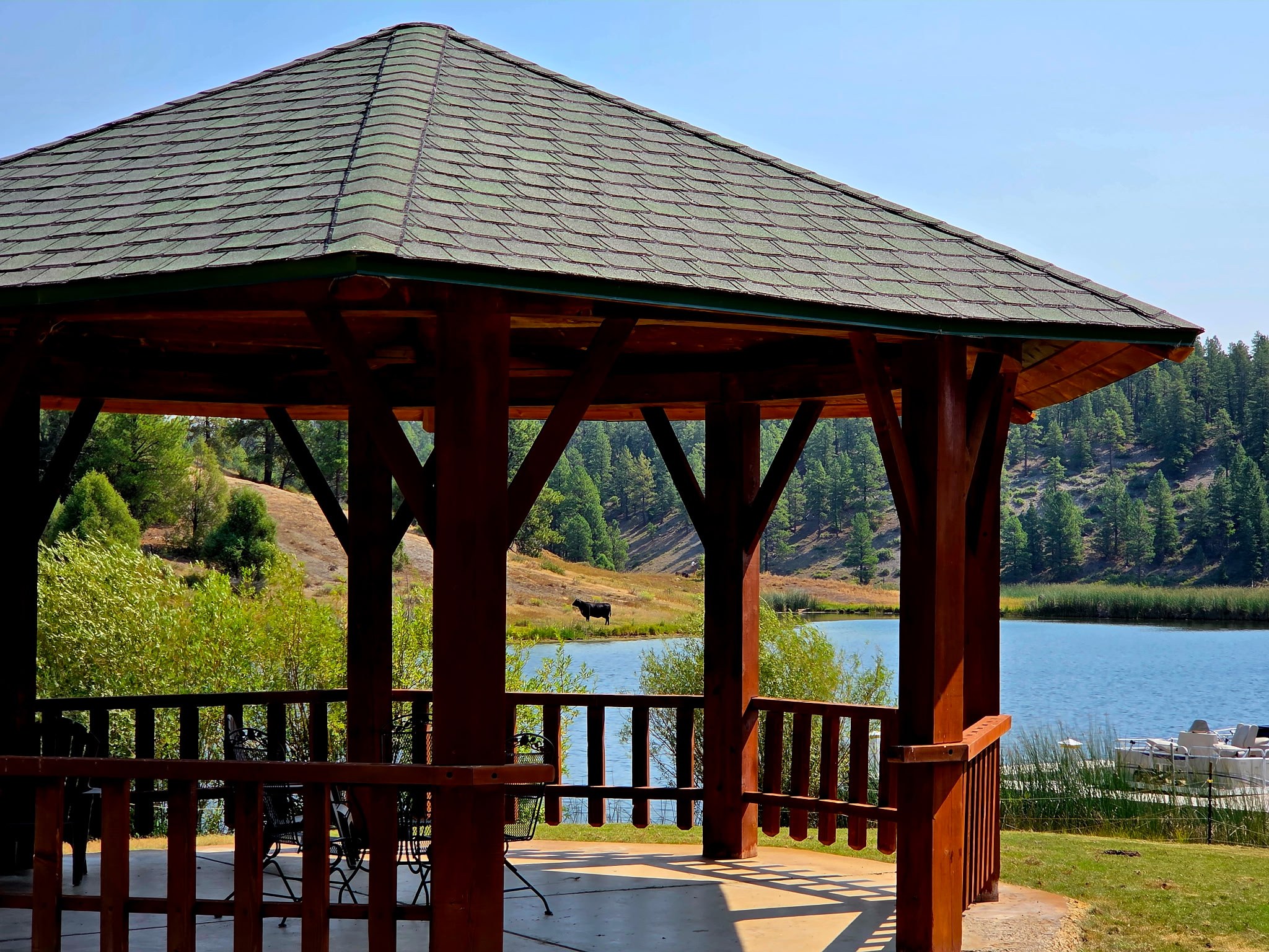 The community gazebo and shared dock on the lake