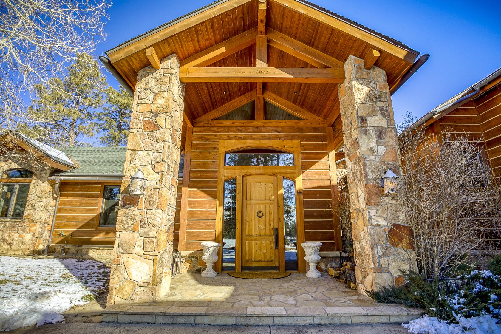 The main house entry under snow